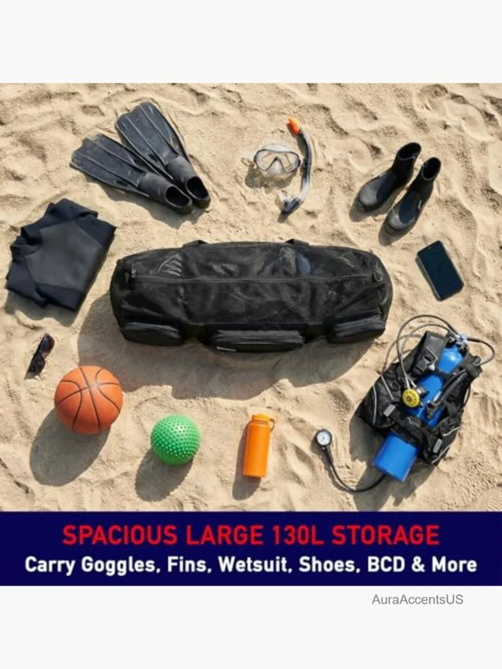 130L Mesh Duffle Bag for Scuba Dive, Snorkeling, Beach, Gym